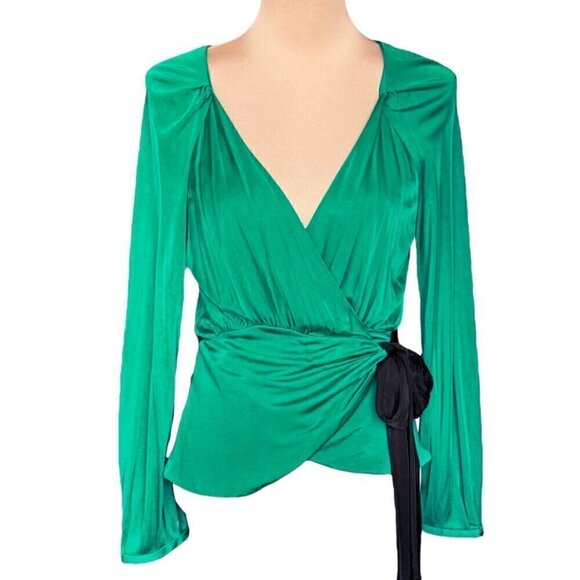 Diane von Furstenberg  Wrap Top Sz.M Green Sash Black Belt Bow Long Sleeve - Picture 16 of 16